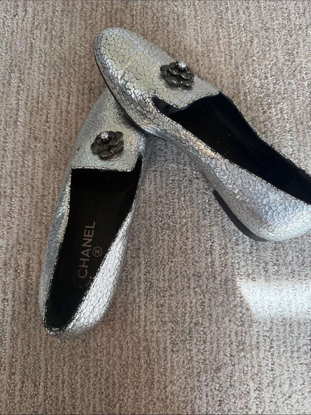 CHANEL Metallic Silver Camellia Loafers